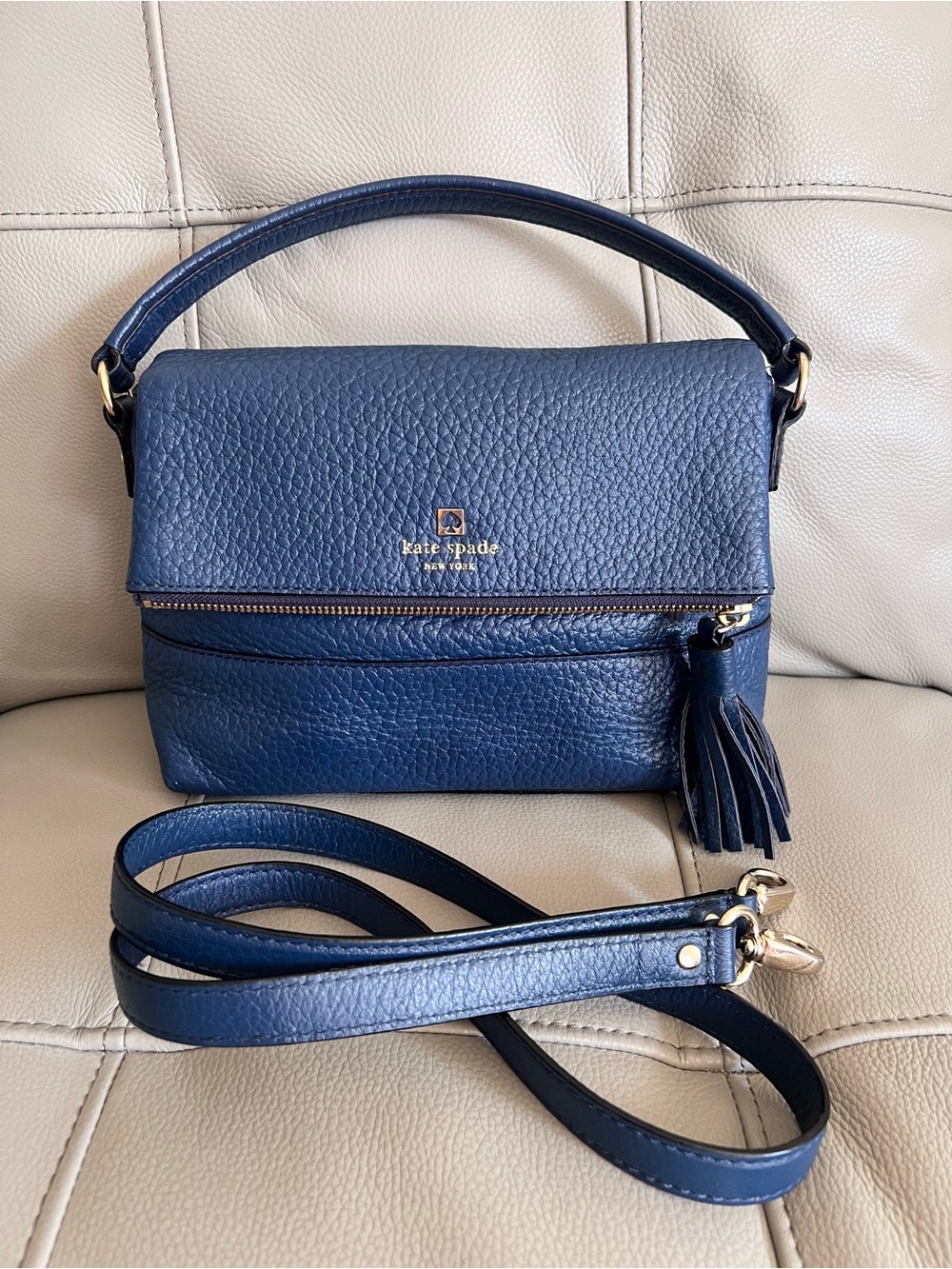 Kate Spade New York Avenue Blue Leather Cross Body Bag with Tassel
